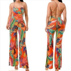 A3 Design Tropical Leaf Print Lace Up Back Wide Leg Jumpsuit Orange Size Small
